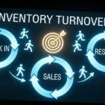 Inventory turnover concept with circular charts, people icons and target symbol on dark background