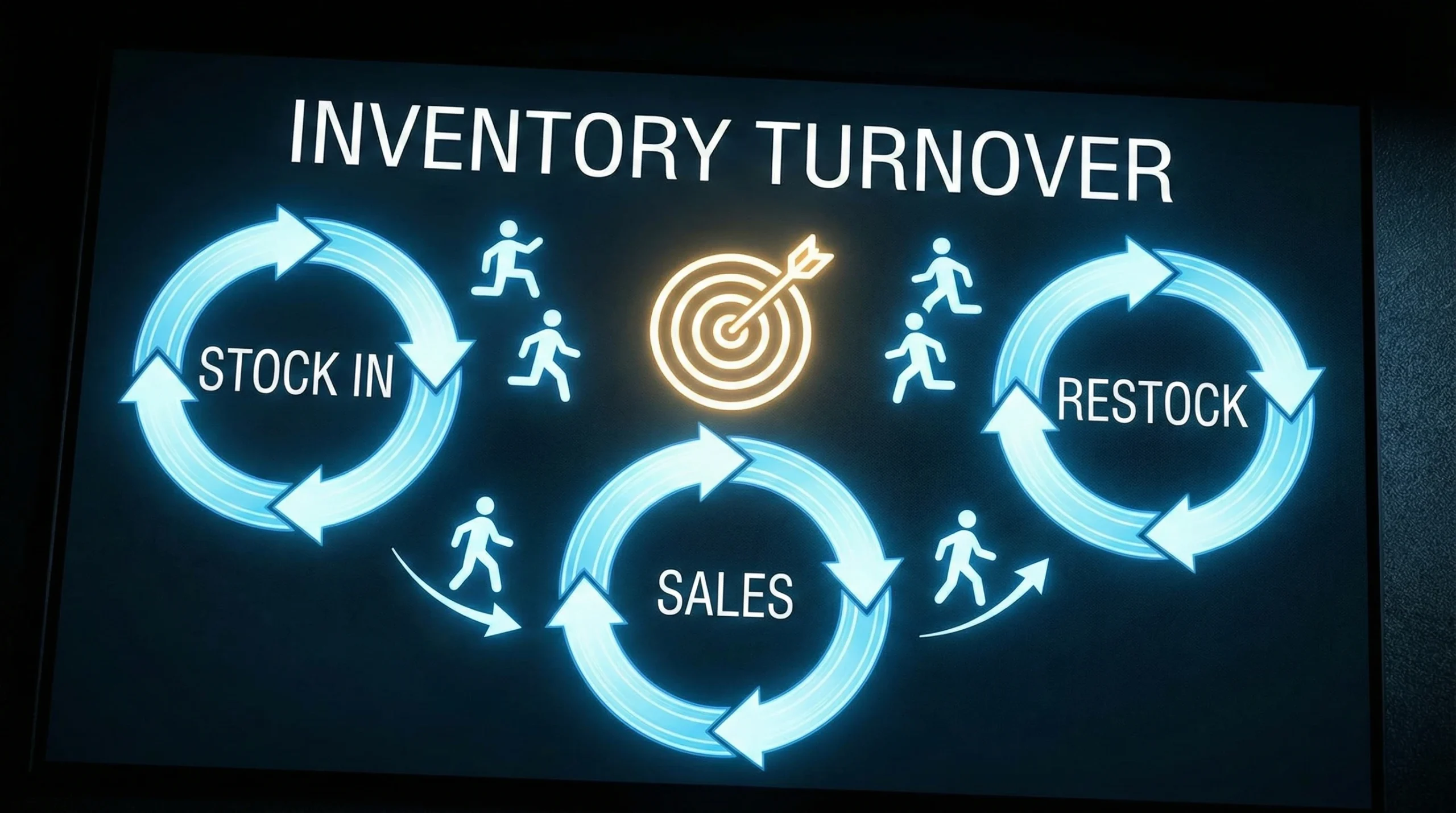 Inventory turnover concept with circular charts, people icons and target symbol on dark background