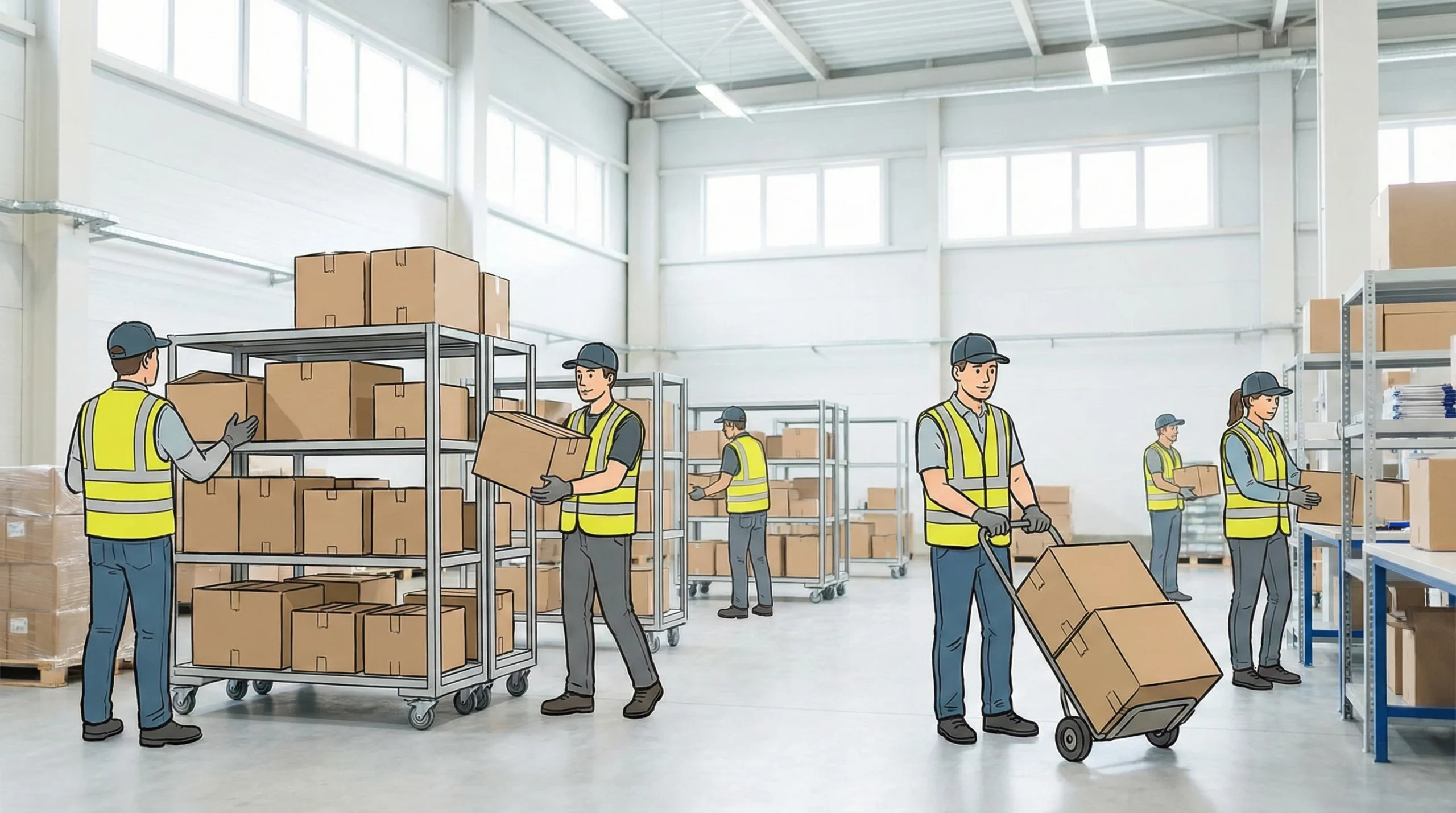 Illustrated warehouse workers fulfilling orders with boxes on shelves and hand truck