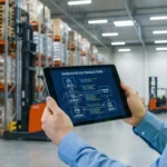 professional holding tablet with warehouse edi transactions graphic