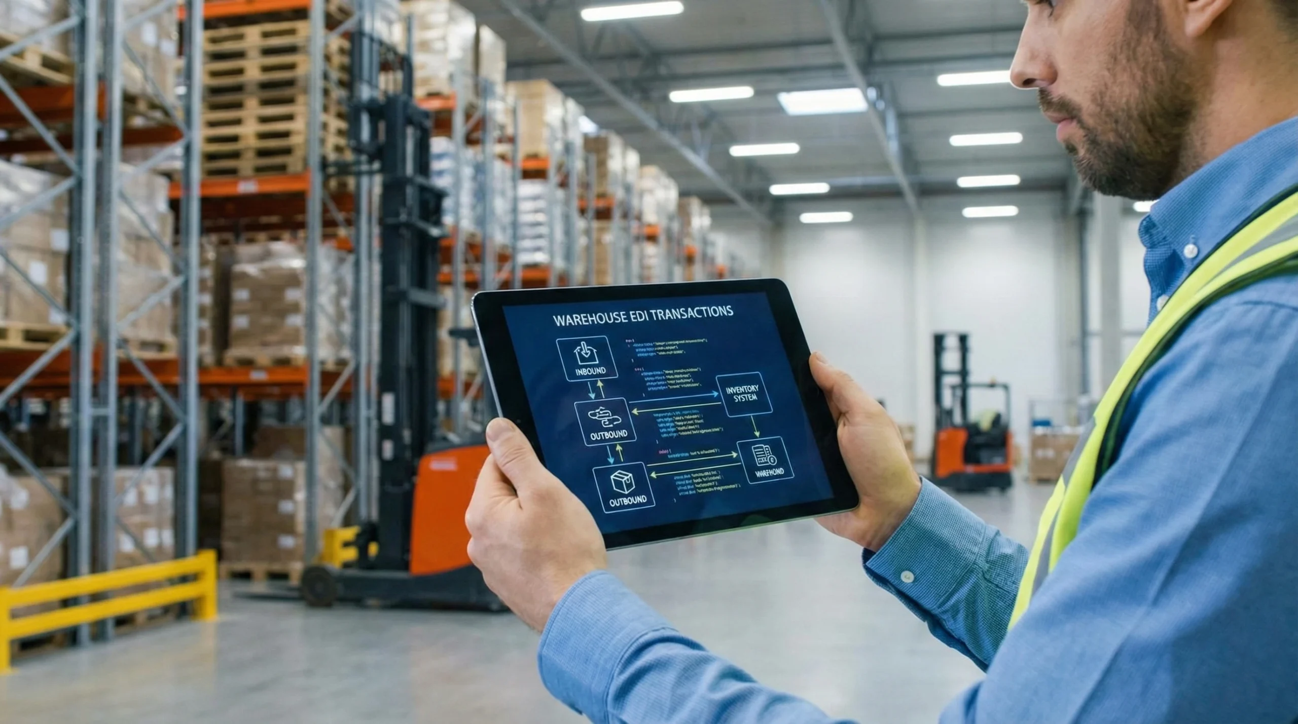 professional holding tablet with warehouse edi transactions graphic
