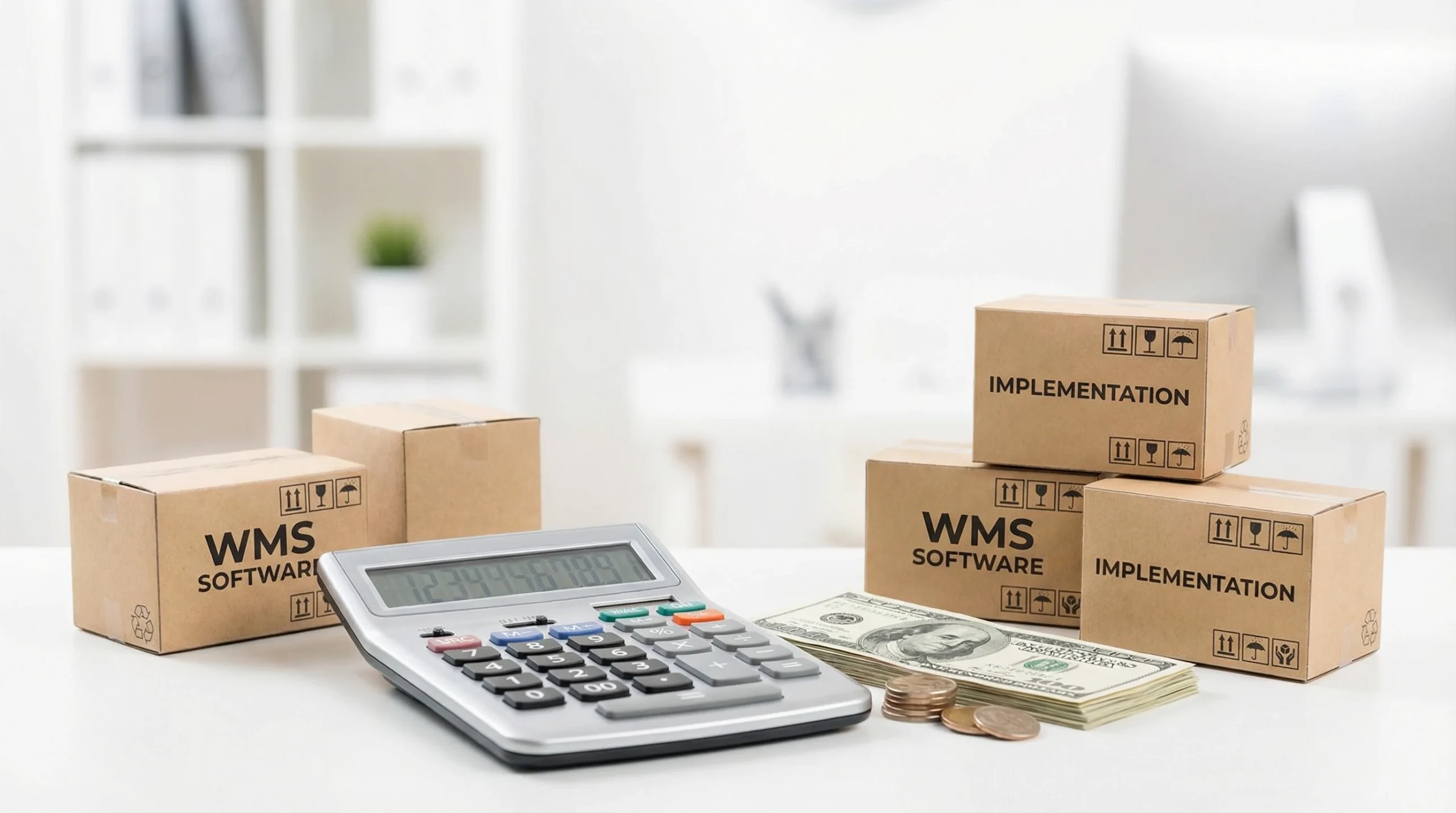 calculator with money and boxes representing wms system cost