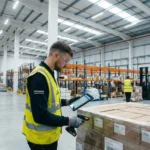 Warehouse worker scanning inventory with tablet in organized distribution facility