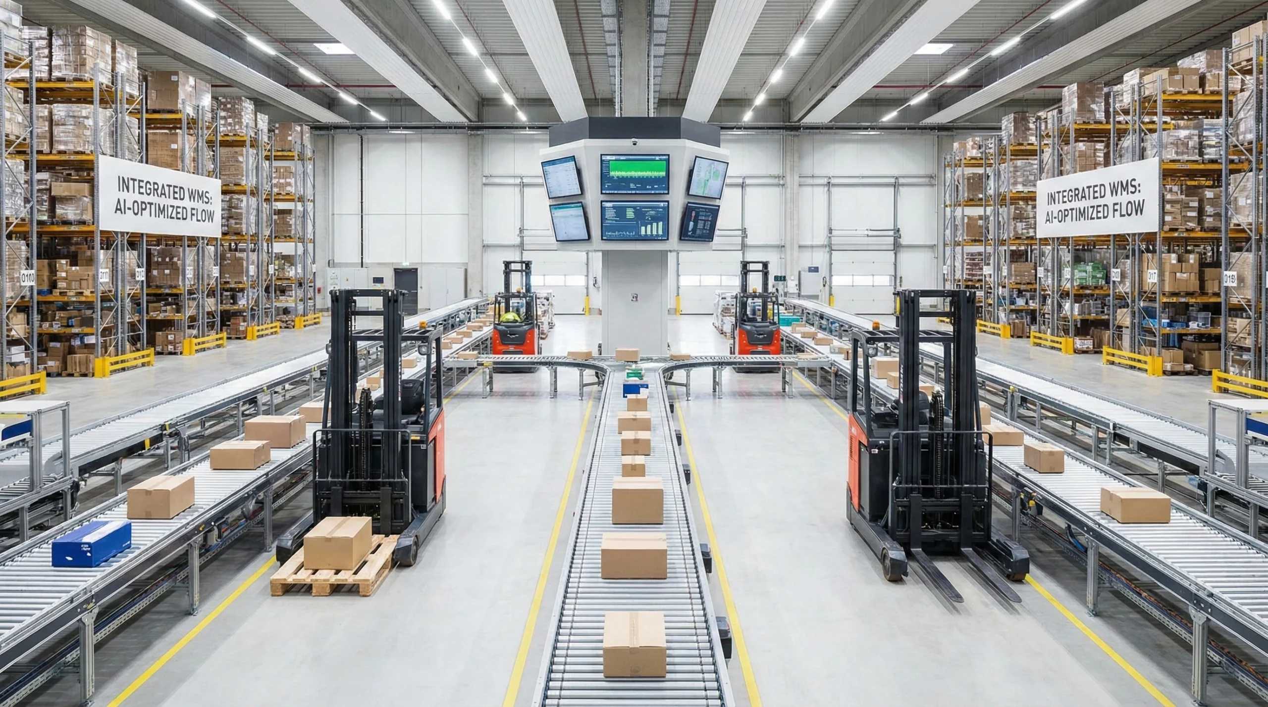 Automated conveyor belts and robotic forklifts in a WMS-integrated distribution warehouse.
