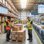 Workers using handheld scanners in a modern warehouse with a barcode inventory system.
