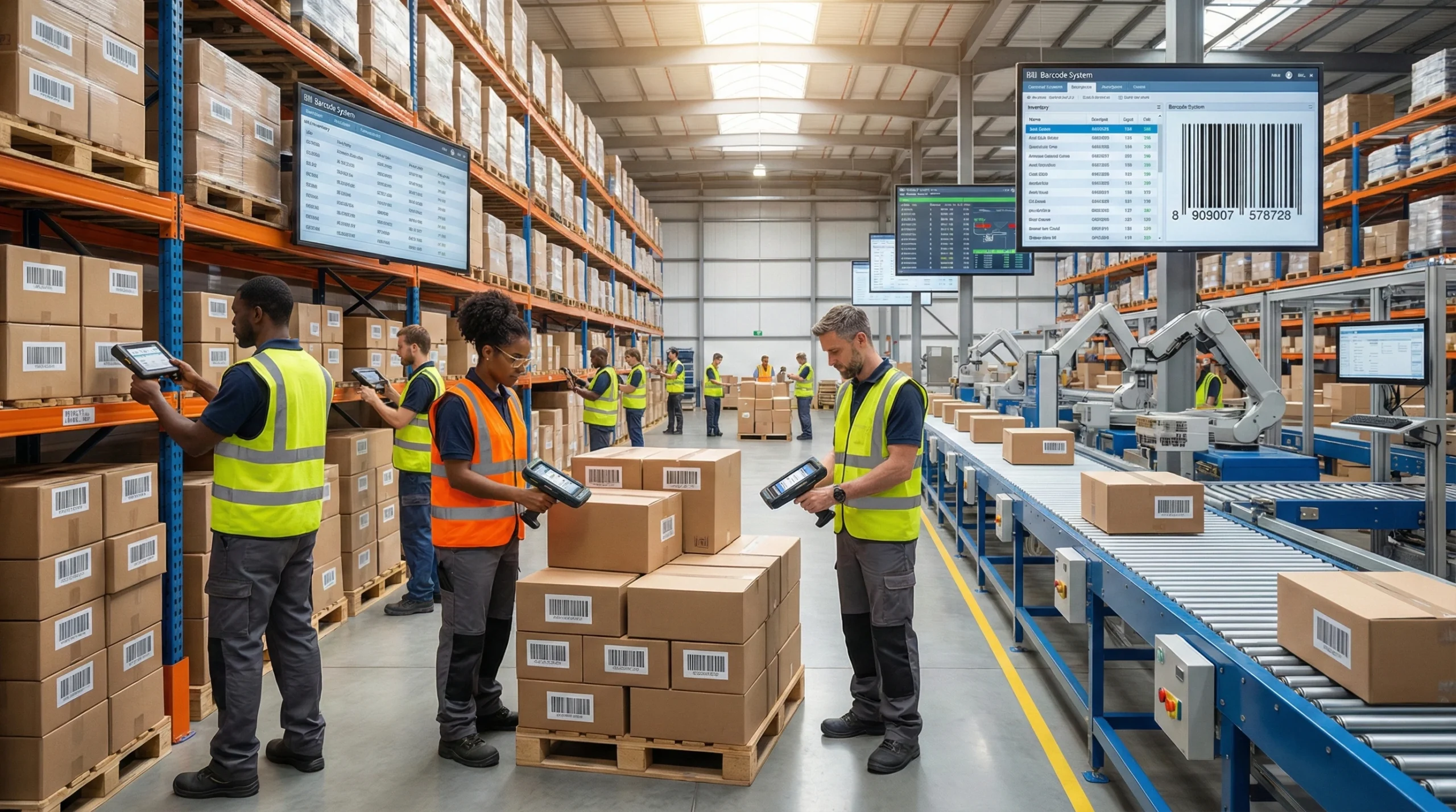 Workers using handheld scanners in a modern warehouse with a barcode inventory system.