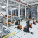 Automated conveyor belts and robotic forklifts in a pick path optimized warehouse.