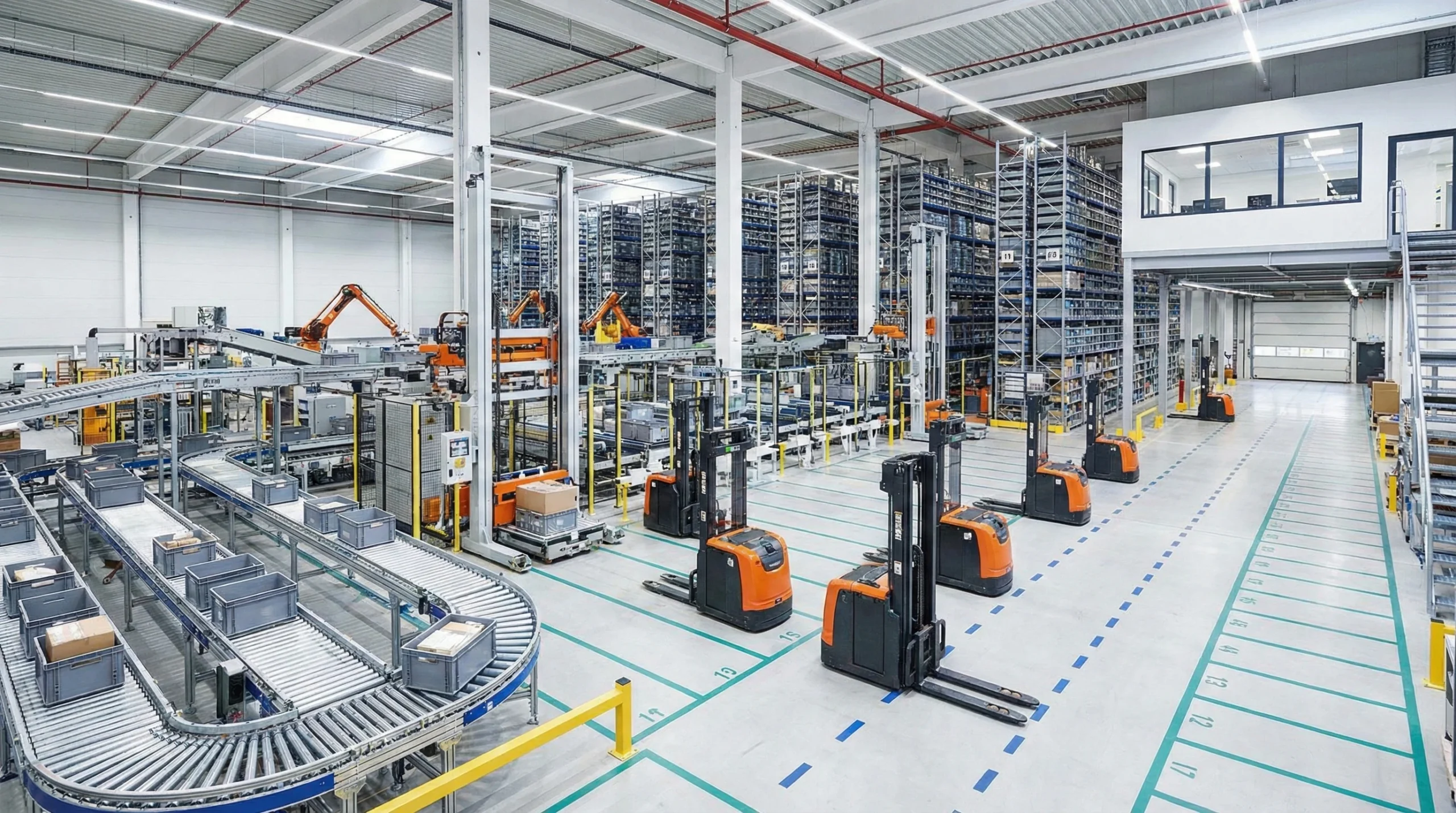 Automated conveyor belts and robotic forklifts in a pick path optimized warehouse.