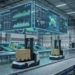 Modern supply chain warehouse showing robotic forklifts and real-time inventory screens.