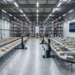 Modern warehouse showing lean and agile supply chain operations with conveyor systems