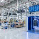 High-tech fashion supply chain warehouse with automated systems and RFID scanning.