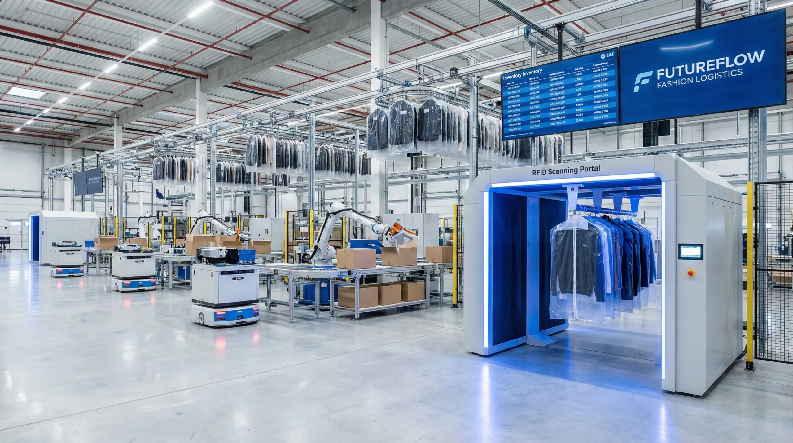 High-tech fashion supply chain warehouse with automated systems and RFID scanning.
