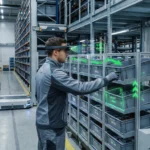 Human using augmented reality for piece picking in a modern, automated warehouse.