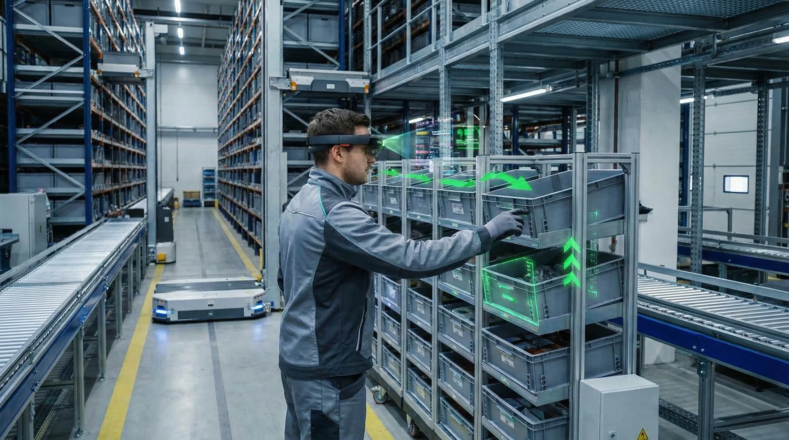 Human using augmented reality for piece picking in a modern, automated warehouse.