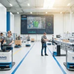 Modern WMS in action with robots and workers in a well-lit, high-tech warehouse.
