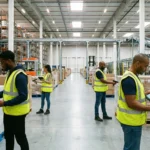 Workers using barcode scanners for inventory reconciliation in a modern warehouse.