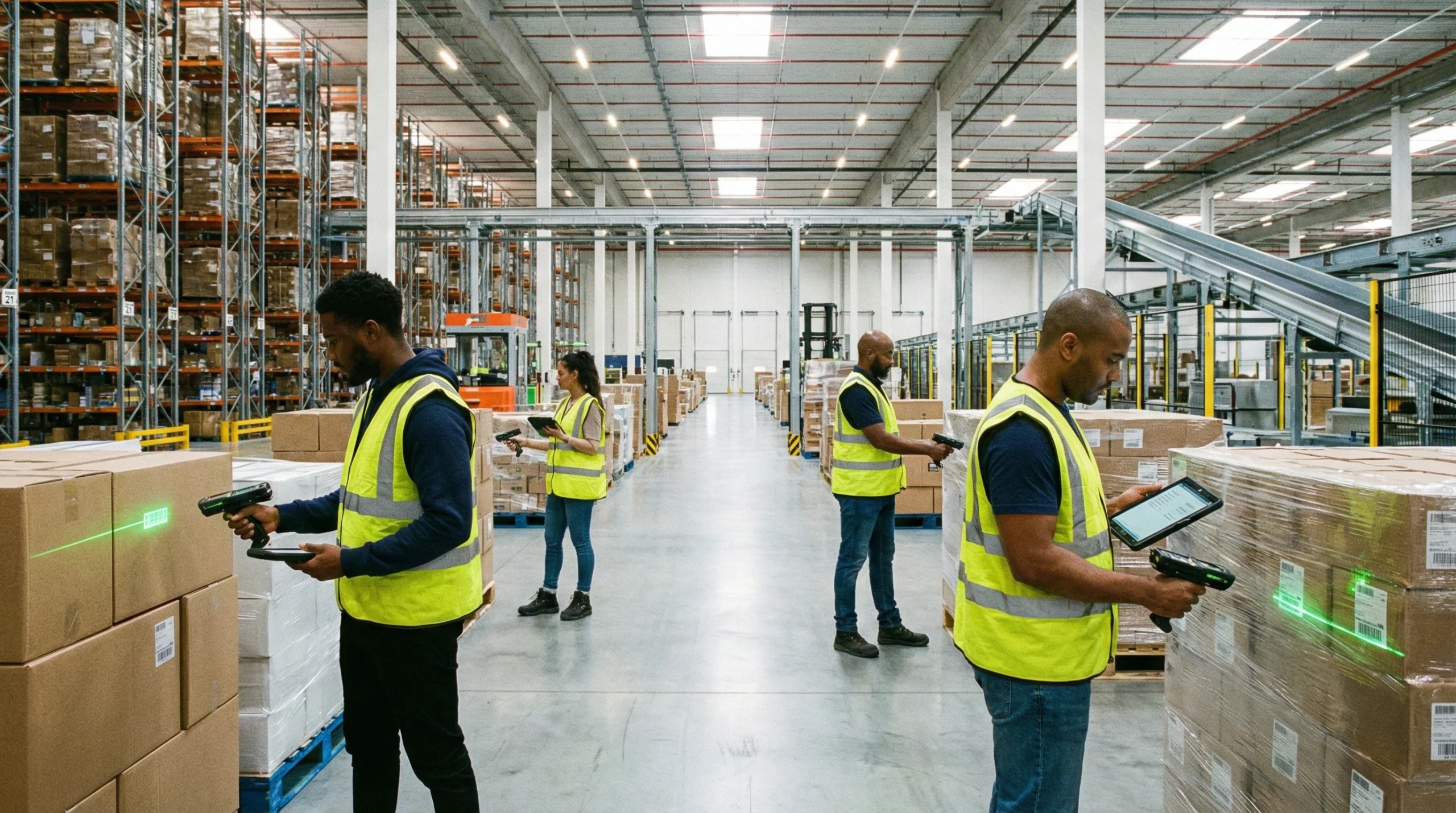 Workers using barcode scanners for inventory reconciliation in a modern warehouse.