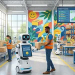 Workers and robot prepare orders in a vibrant, modern warehouse enhancing customer experience.