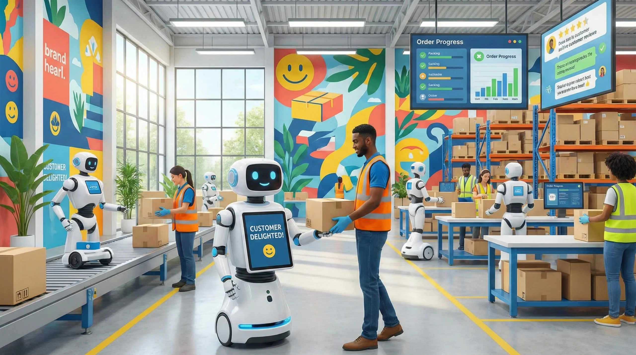 Workers and robot prepare orders in a vibrant, modern warehouse enhancing customer experience.