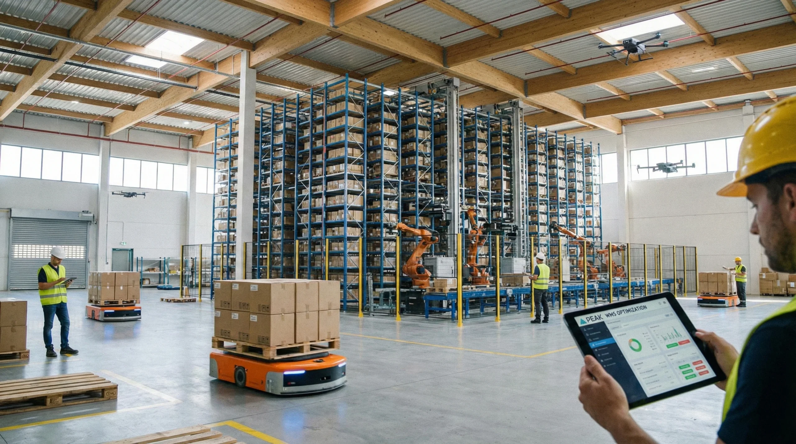 Wide-angle view of a modern warehouse using optimization software, featuring automated systems and workers with tablets.