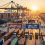 Golden-hour view of a busy international shipping port with cargo ships and trucks, highlighting tariffs supply and demand.
