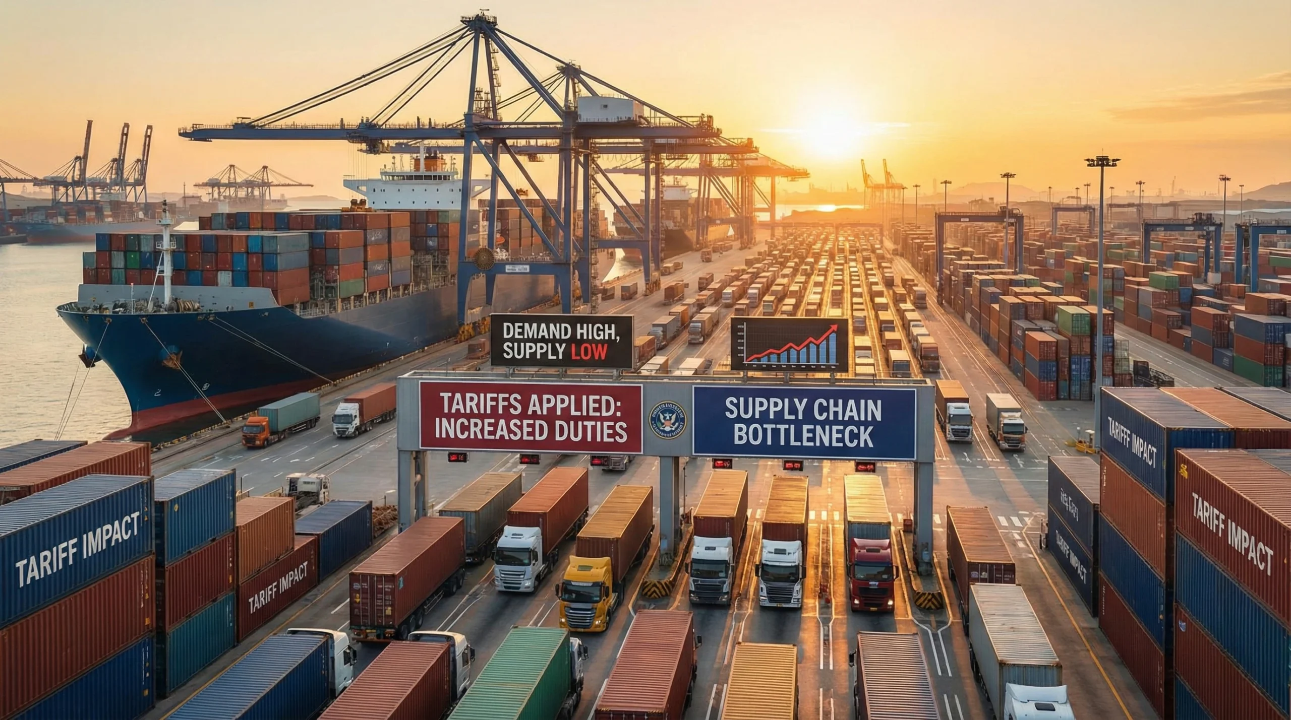 Golden-hour view of a busy international shipping port with cargo ships and trucks, highlighting tariffs supply and demand.