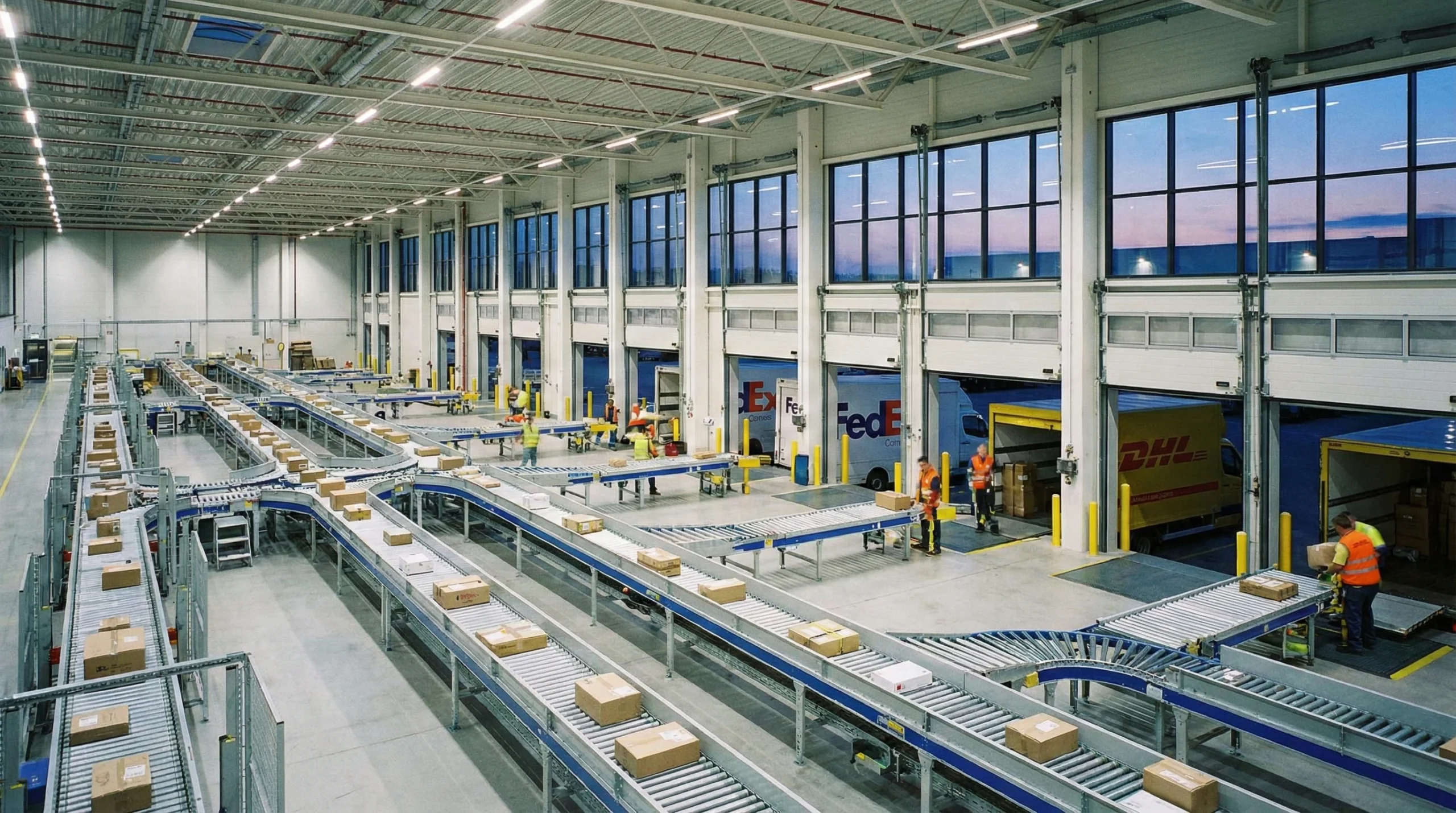 Logistics warehouse at dusk with automated belts and workers loading trucks for expedited shipping.