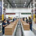 Workers scanning boxes on conveyor belts in automated warehouse with lot tracking displays