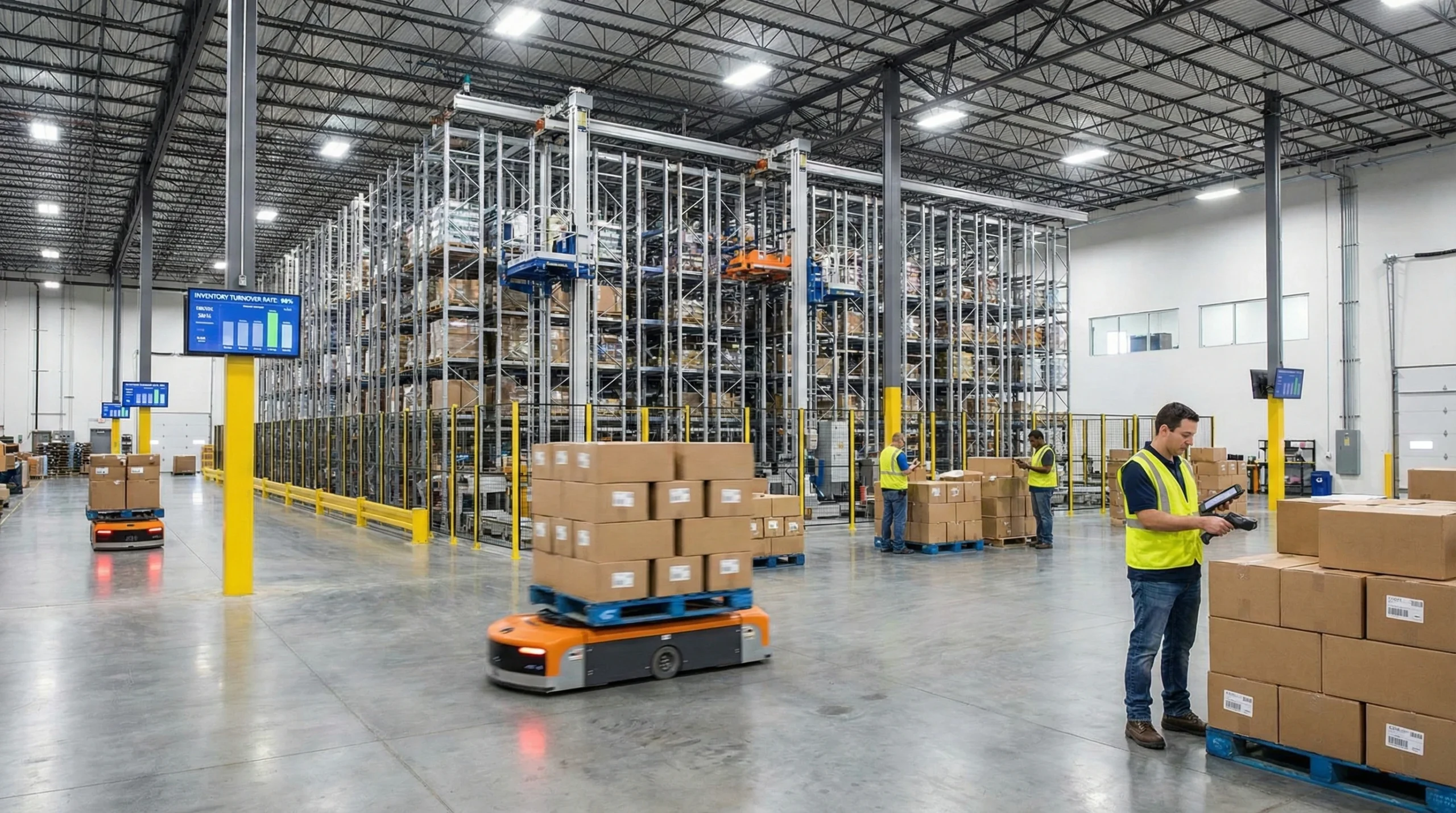Modern warehouse interior with automated systems and workers scanning products for inventory turnover management.