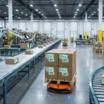 Modern warehouse with lot number inventory tracking on boxes and pallets, automated sorting systems in action.