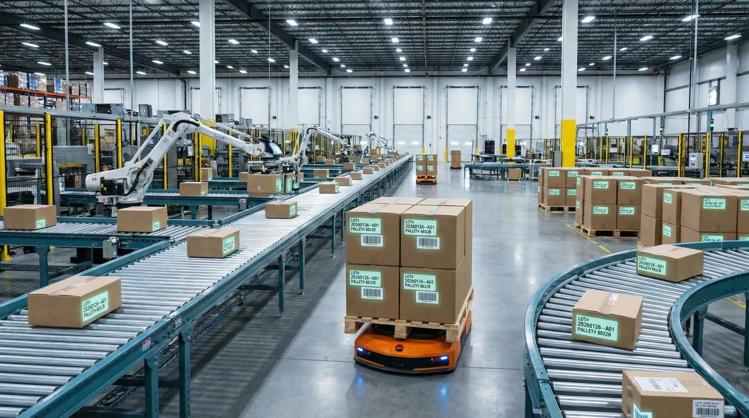 Modern warehouse with lot number inventory tracking on boxes and pallets, automated sorting systems in action.