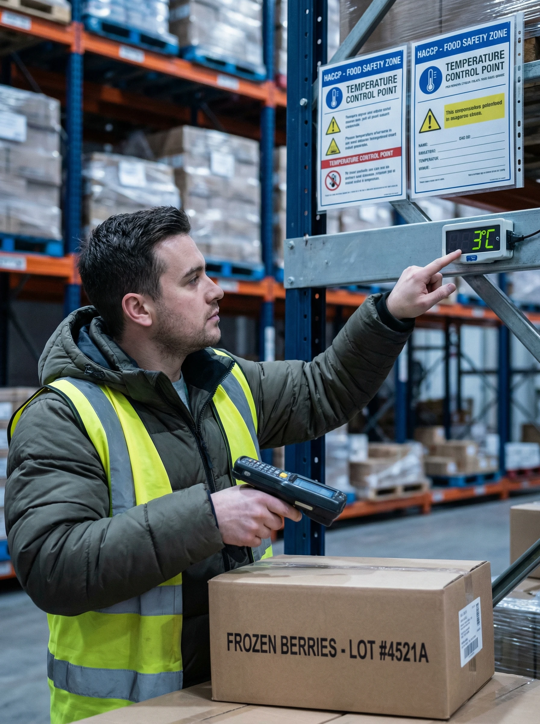 Food and beverage warehouse with organized pallet storage and temperature-controlled inventory management