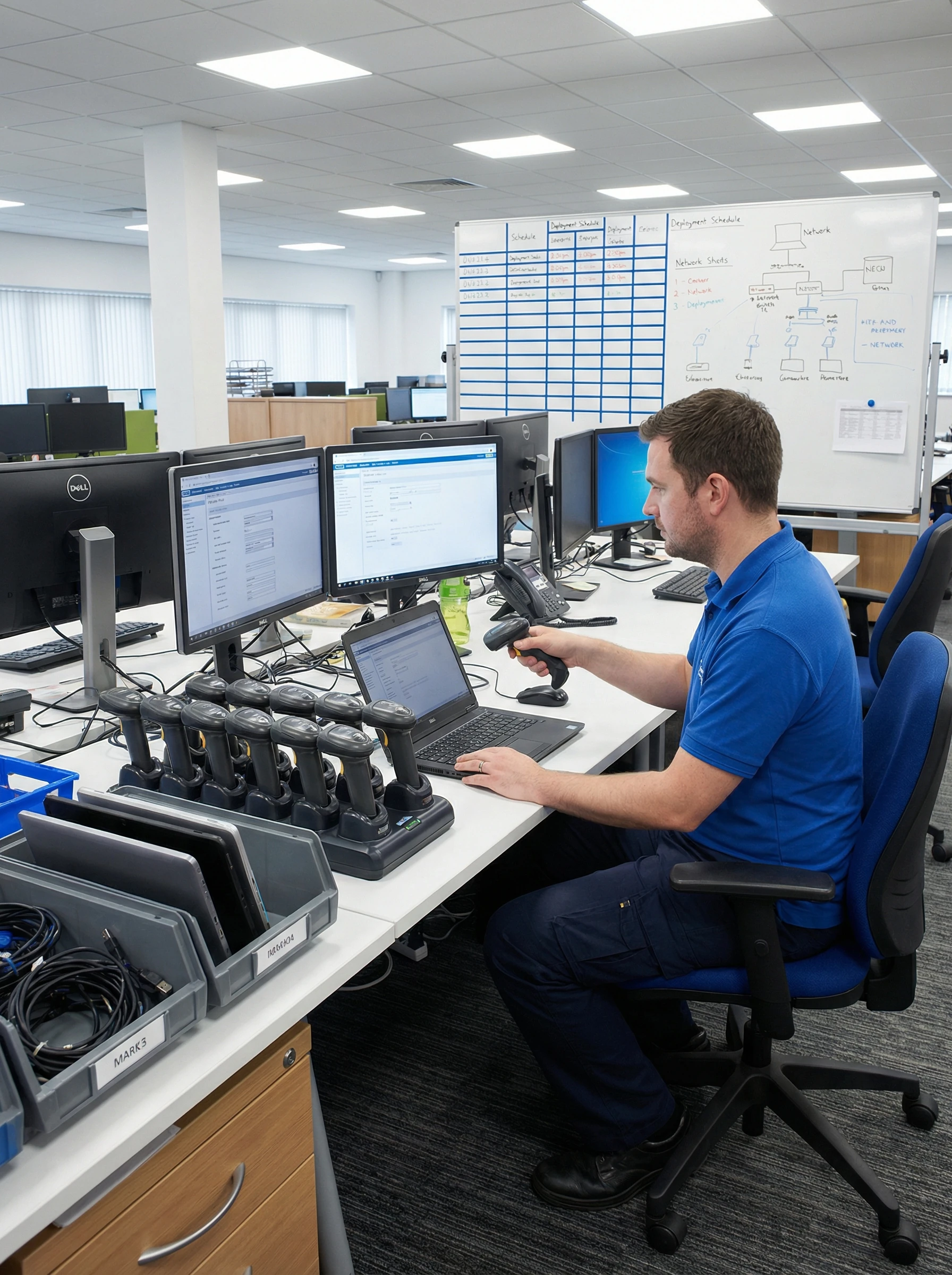 IT technician configuring warehouse hardware
