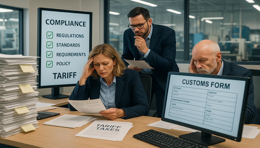 Business professionals analyzing tariff compliance documents and customs forms in modern office