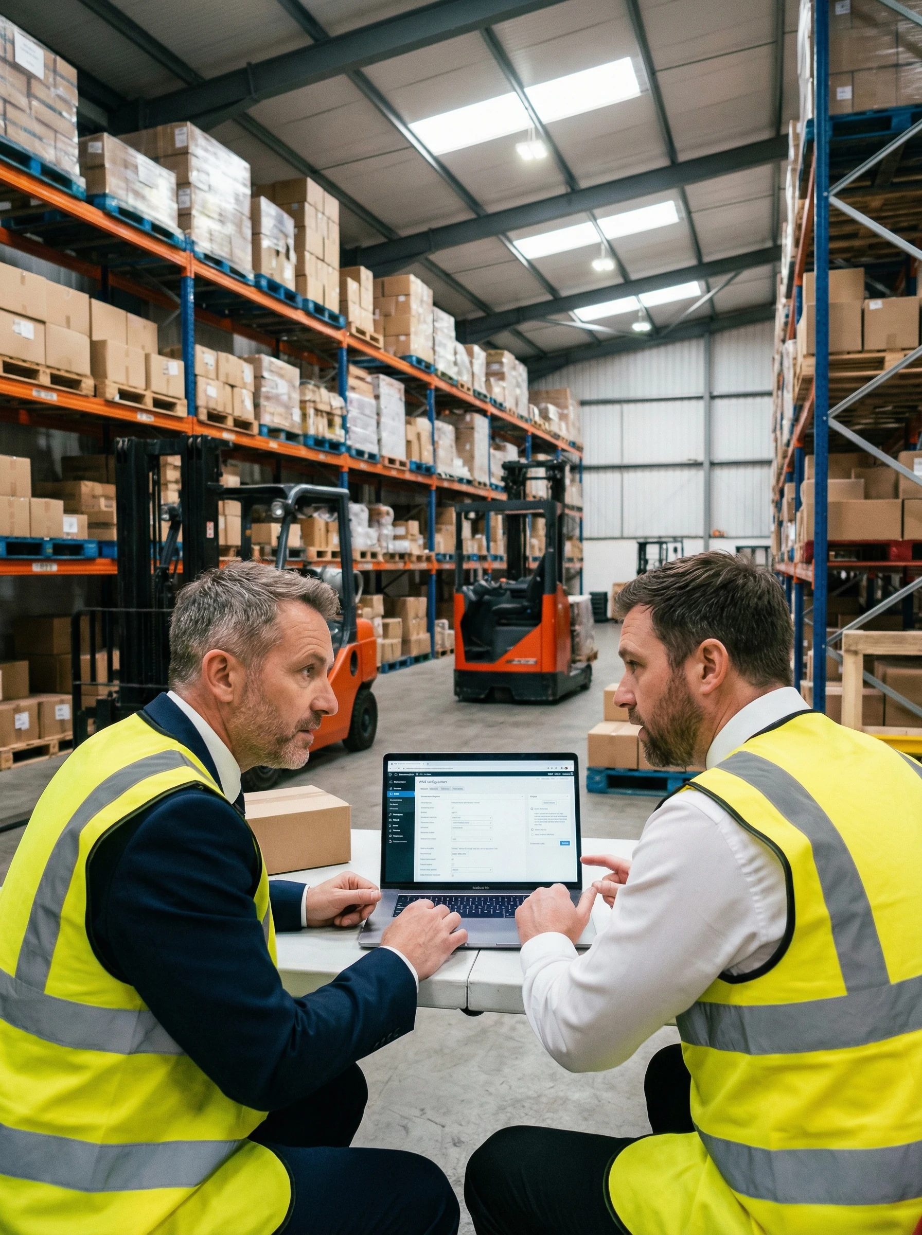 Warehouse manager and consultant reviewing WMS configuration