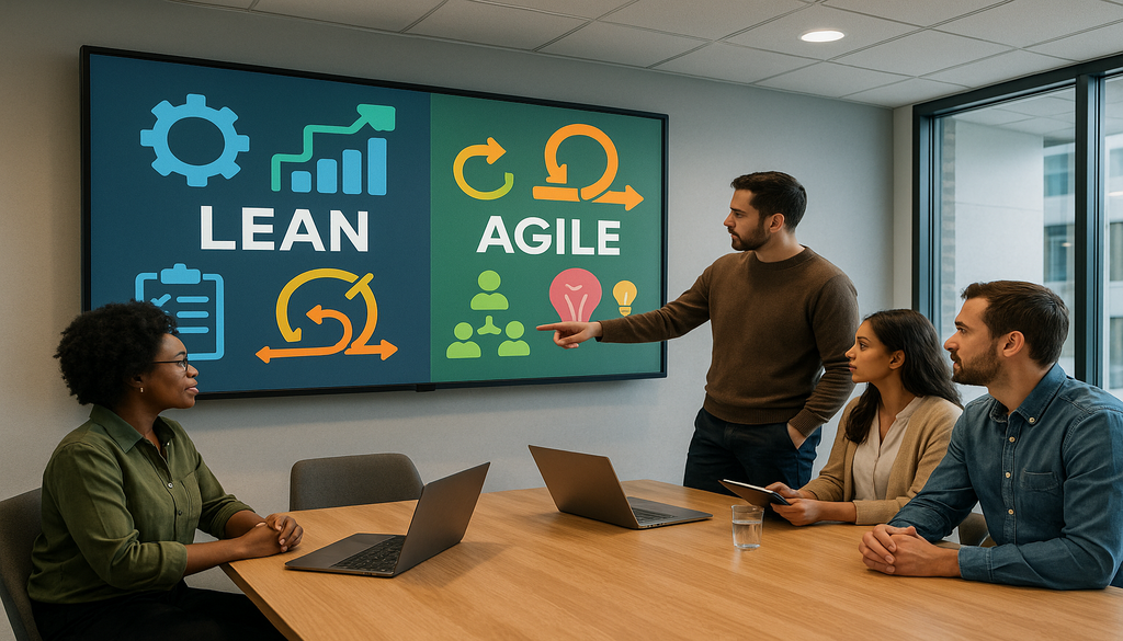 Business team discussing lean vs agile methodologies in modern conference room presentation