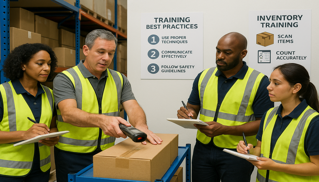Warehouse workers in safety vests learning inventory scanning and counting best practices
