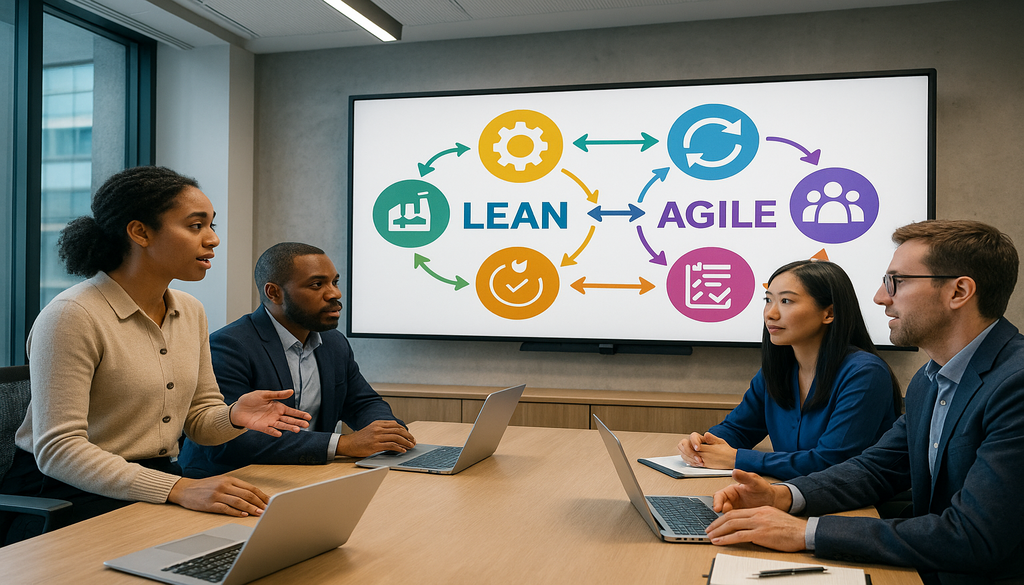 Business professionals discussing lean vs agile methodologies in modern conference room meeting