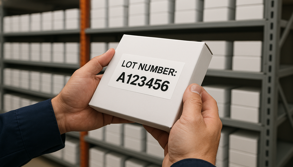 Hands holding white product box with lot number A123456 label in warehouse