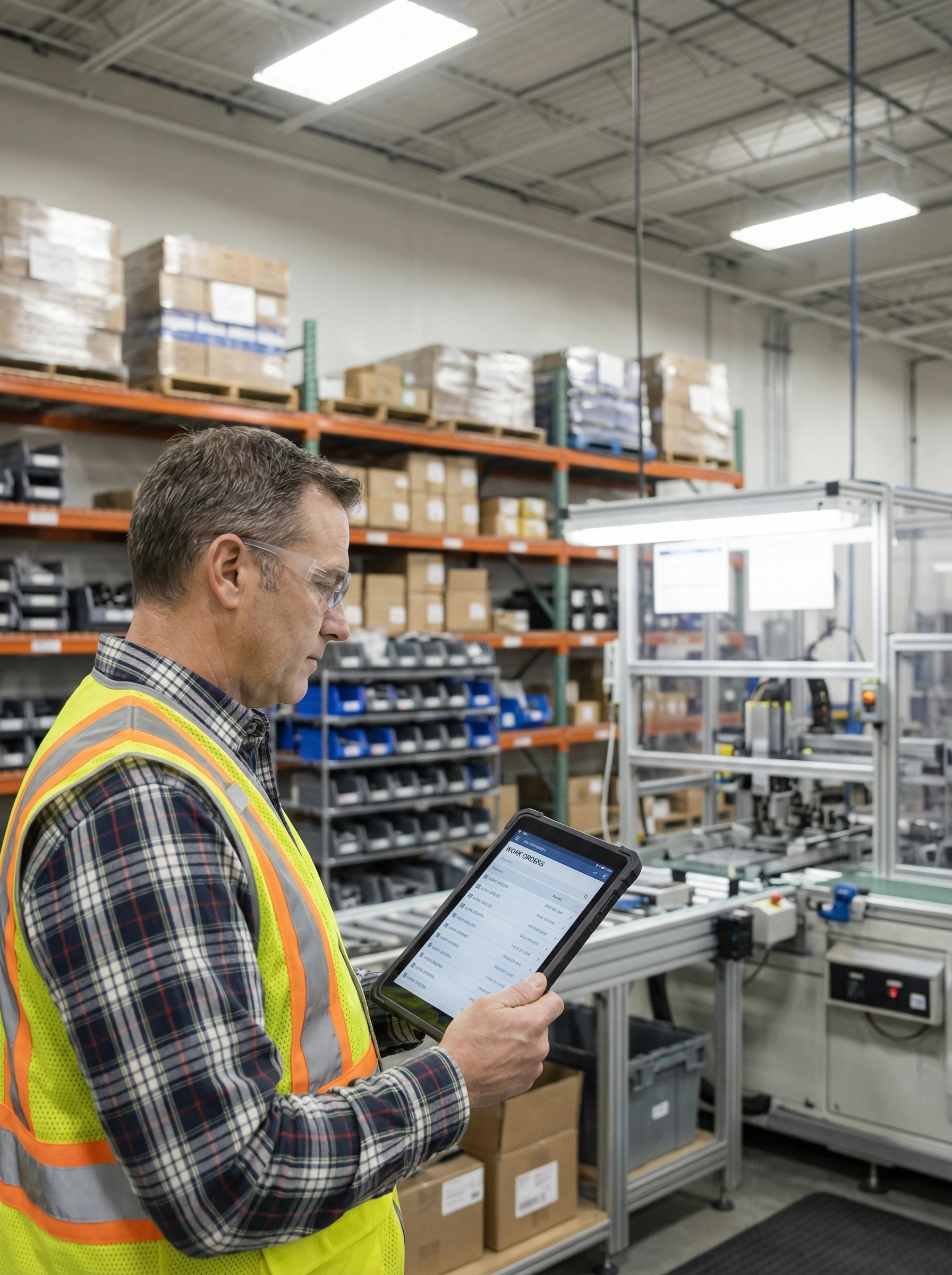 Manufacturing warehouse manager reviewing work orders on tablet, production equipment and organized inventory shelves in background