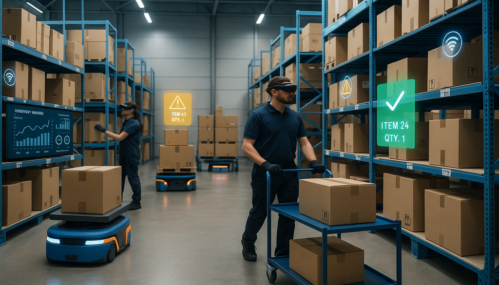 Smart warehouse workers using automated robots and digital inventory management technology