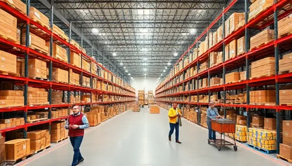 Warehouse workers walking through organized aisles during pick path optimization process