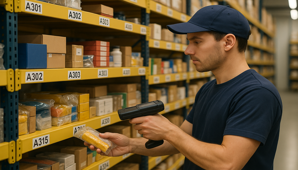 Warehouse worker scanning product barcode during piece picking order fulfillment process