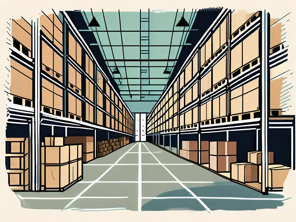 Modern warehouse interior with tall shelving racks storing boxes and inventory management system