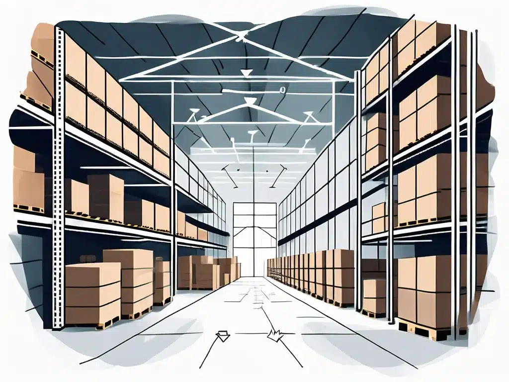 Modern warehouse with organized inventory shelves and automated management system layout