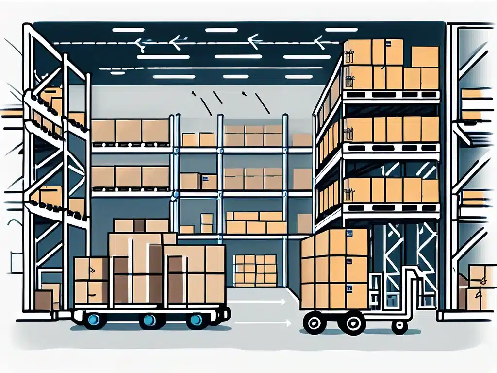 Warehouse management system showing organized inventory storage with forklifts and pallet racks