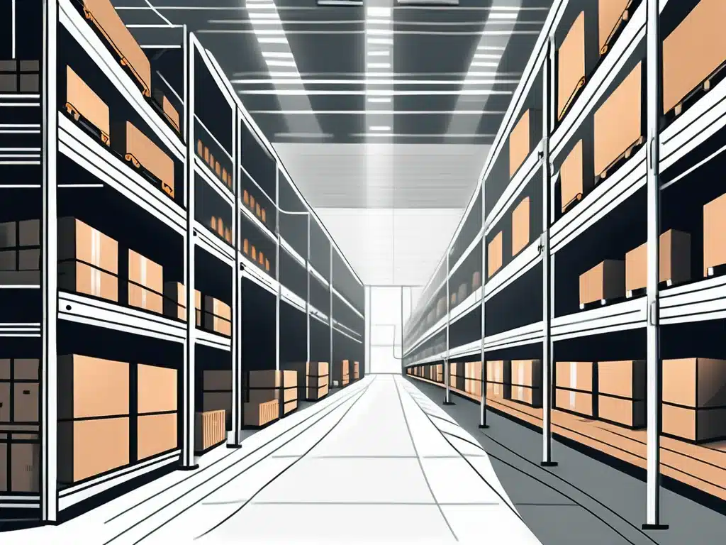 Modern warehouse interior with organized shelving systems and cardboard boxes on metal racks