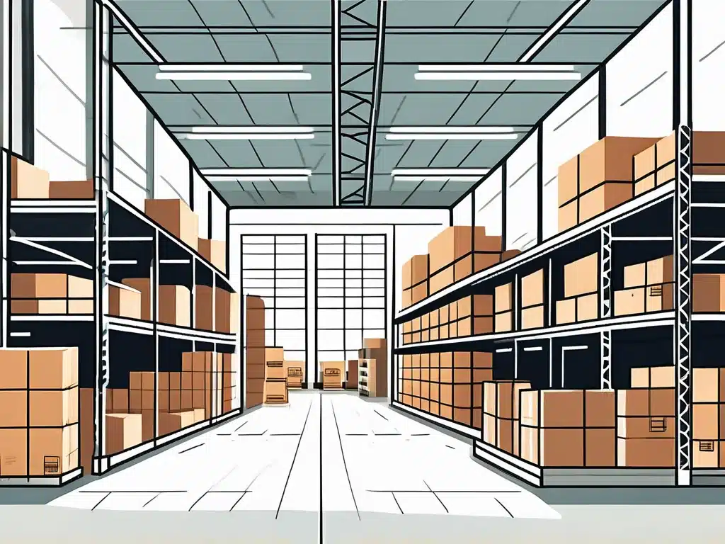 Modern warehouse interior with organized shelving systems and efficient storage layout
