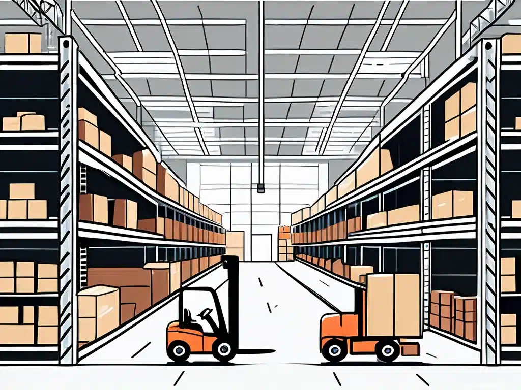 Modern warehouse interior with organized shelving systems and orange forklifts for efficient operations