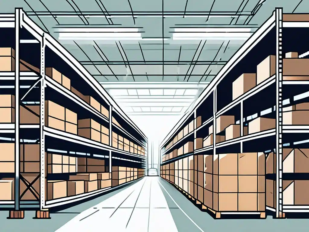 Modern warehouse interior with organized shelving systems and inventory management aisles